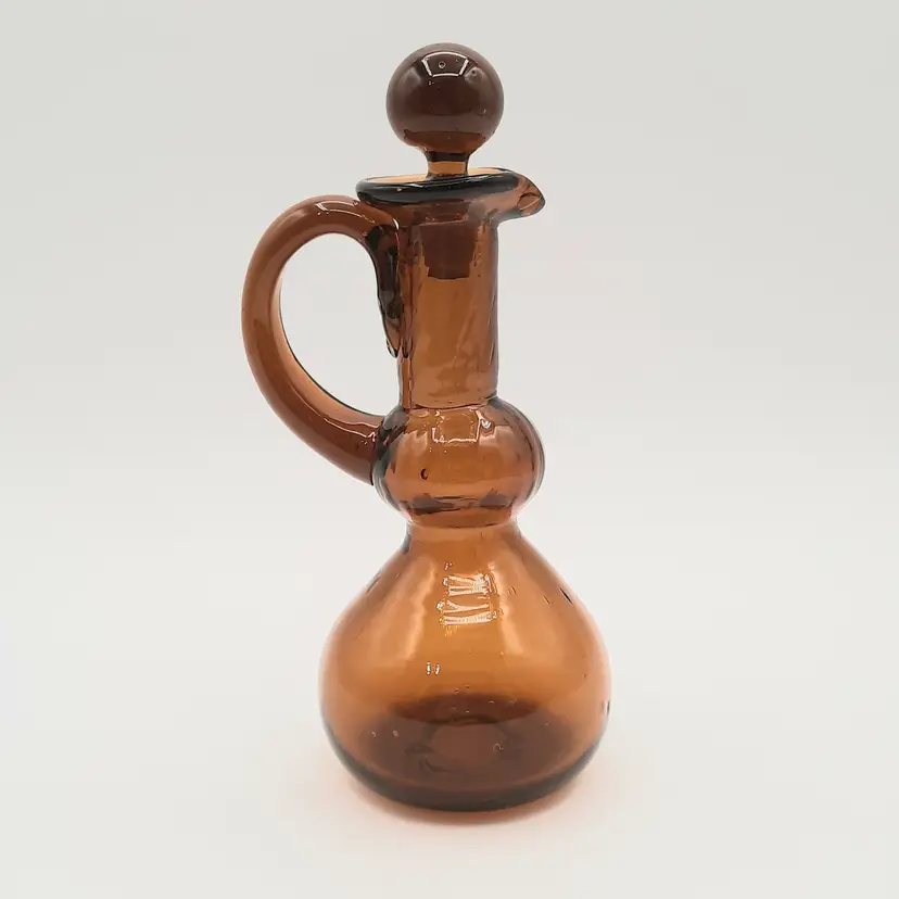 Amber Brown Blown Glass Cruet Bottle Decanter Rounded Handle with Stopper