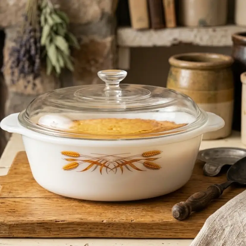 69. Anchor Hocking Fire-King "Golden Wheat" 2-quart round covered casserole dish
