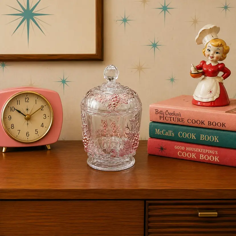 Vintage Westmoreland Glass with Pink & Gold Grape Clusters Candy Jar