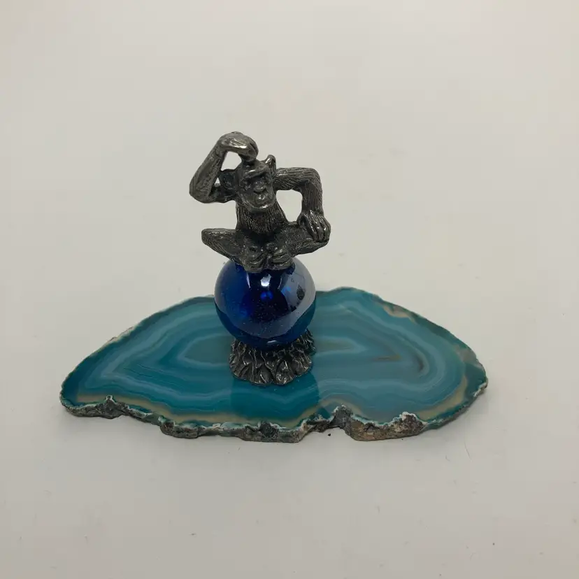 Pewter Monkey On A Banded Agate Slice! 4” Long 2 3/4” Tall!