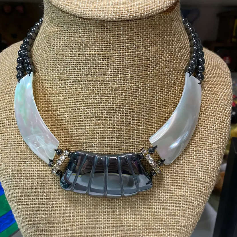 Hematite & Mother Of Pearl Curved Bib Style 16” Statement Necklace Gold Time