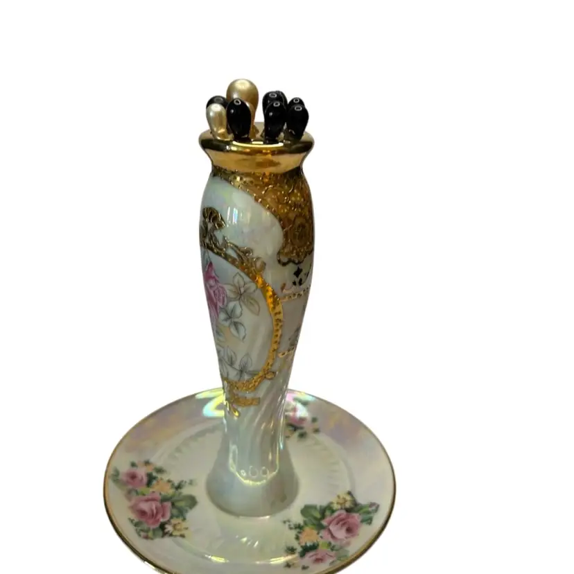 Vintage Limoges China 10 Hole Hat Pin Jewelry Plated Holder 6x4 1/2 Floral Design Comes With 10 Hat Pins