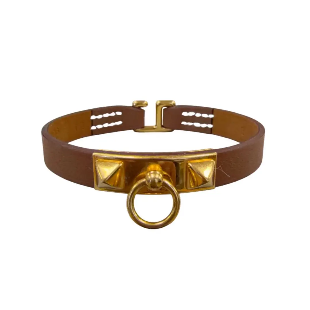 Hermes Brown Leather & Gold  Rivale Mini Bracelet T2