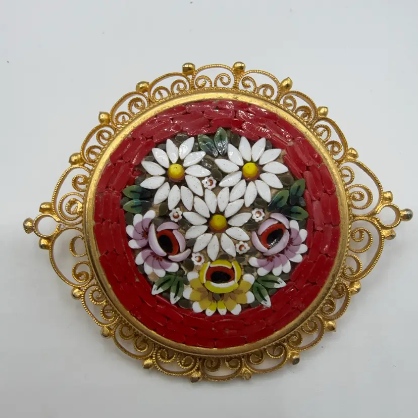 Italian Gold Tone Micro Mosaic Red Daisies Brooch