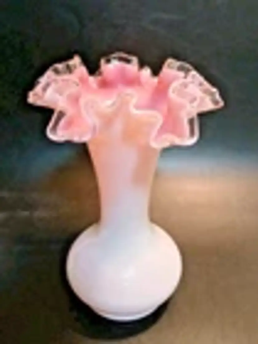 Vintage Fenton White Milk Glass Cased Peach /Pink Crest Ruffled 8" Vase