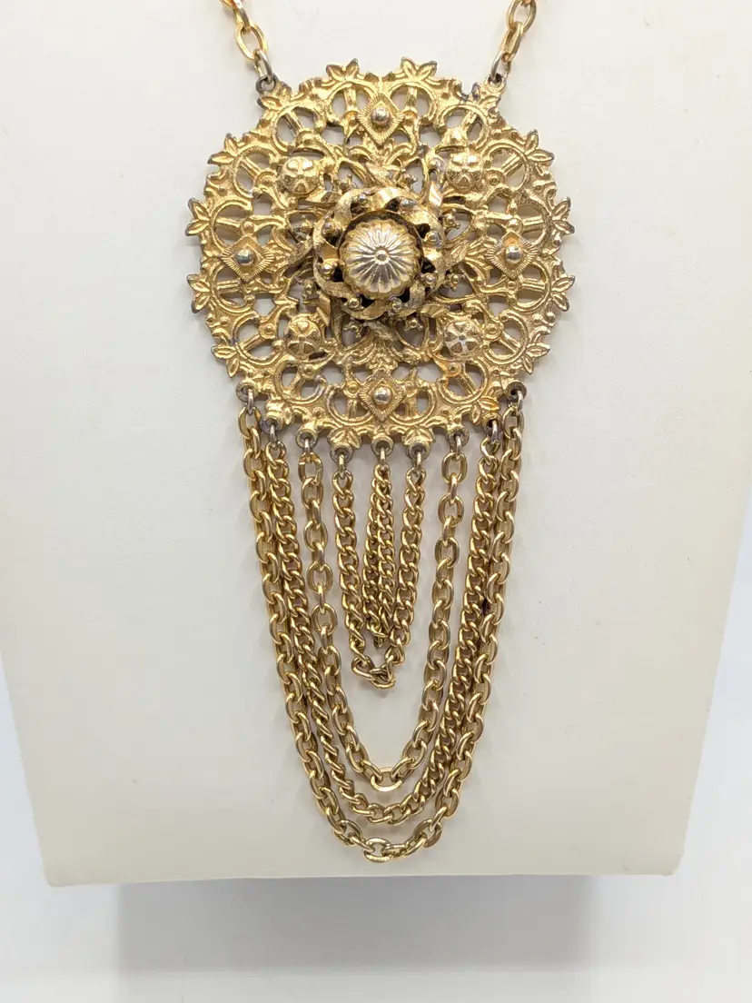 Vintage Gold Tone Medallion Necklace with Chain Tassels