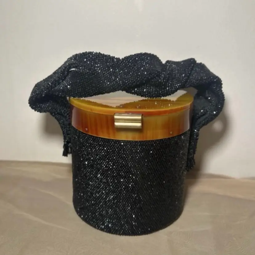 Stunning 1940’s Bakelite beaded bucket bag with crisscross beaded strap