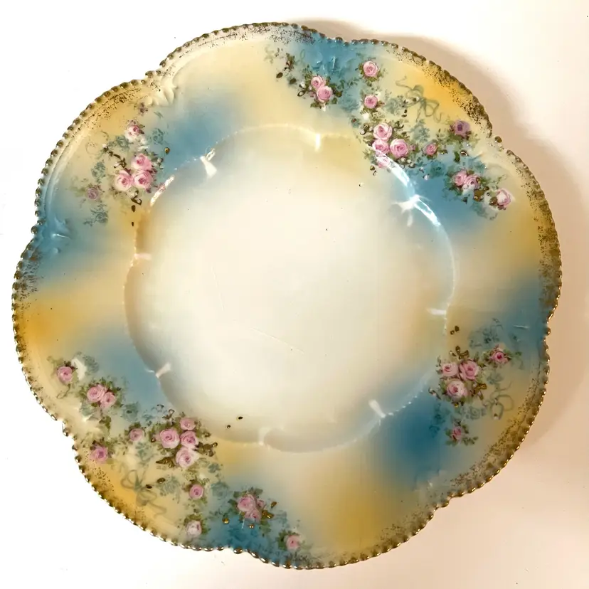 Antique Porcelain Pastel Blue Yellow Pink Roses Scalloped Rim Small Dessert Plate 6.2 in