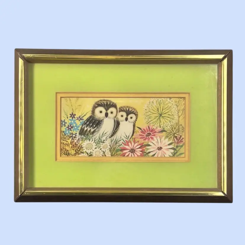 #225- Owl Print Wall Art  Matted Framed Under Glass 1970s9 1/2” x 13 1/2”
