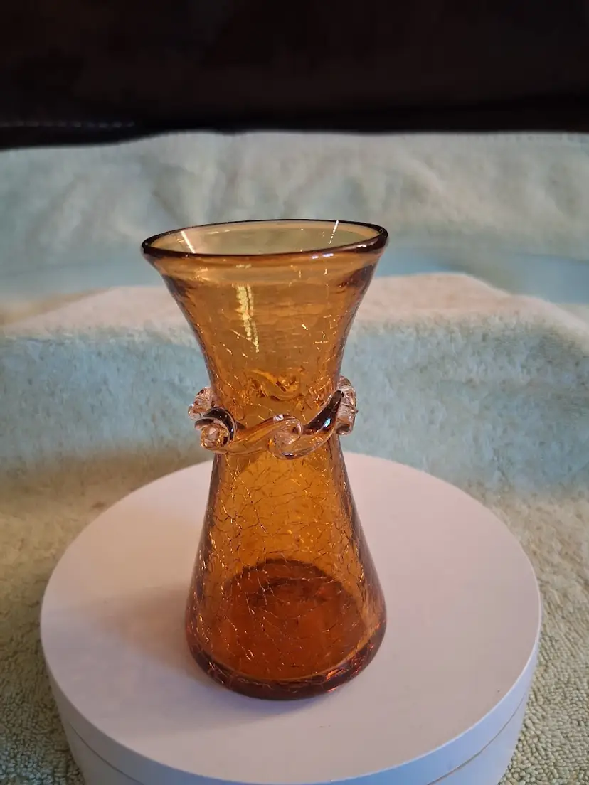 Vintage Blenko Scarce Glass Amber Crackle Mini Vase w/Applied Rigaree