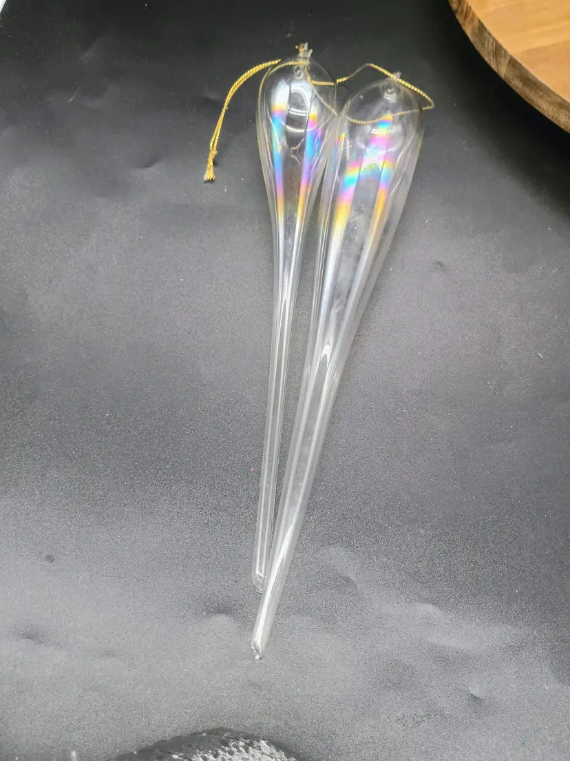 Set of 2 Iridized Clear Glass Hand Blown Icicle Ornaments 10-11".