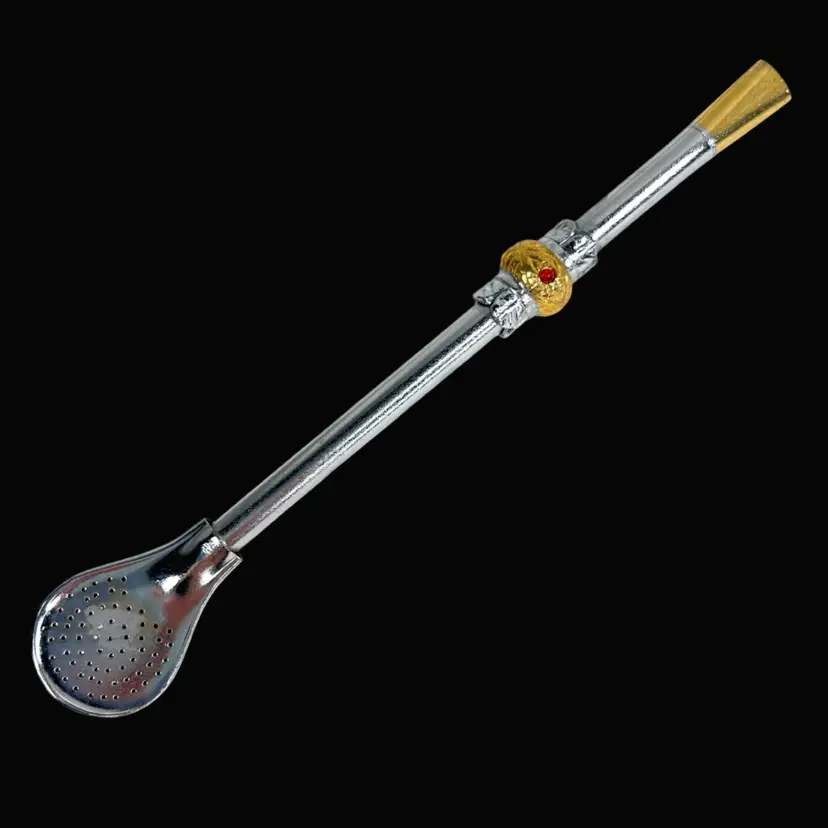 Vintage Bombilla Straw - Stainless Steel with Silver-Tone & Gold-Tone Decorative Accent with Faux Red Gem. Perfect For Tea Strainer like Yerba Mate or Simply Unique Decor.