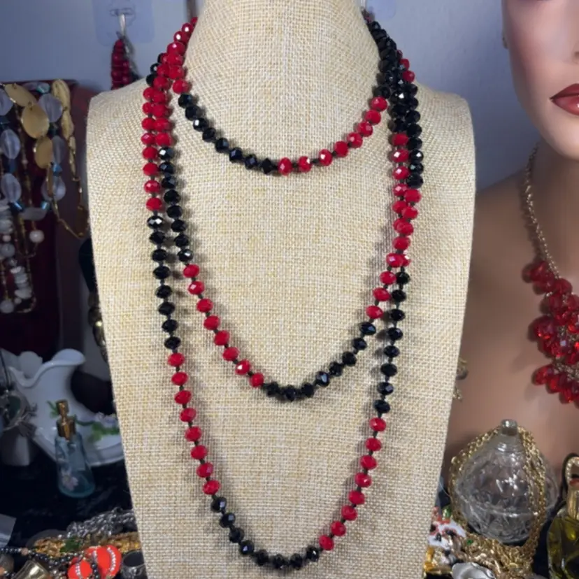 64” Faceted Black & Red Glass Bead Individually Knotted Necklace