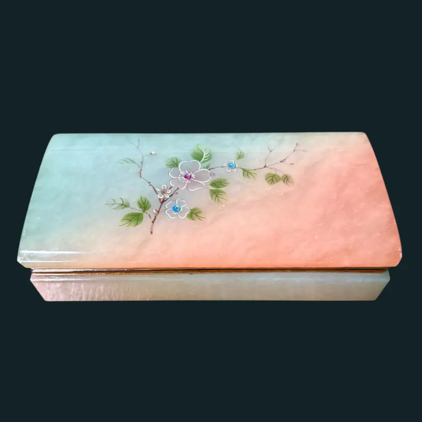 7” Vintage MCM Pink Aqua Ombré Alabaster Box ITALY, Hinged Lid, Rhinestones READ