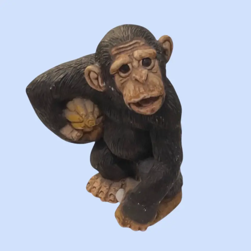 #126- Vintage Monkey Chimpanzee Figurine Coconut Banana By Stone Critters USA Signed DC   Jungle