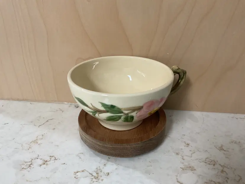 Vintage Franciscan desert rose tea cup, pink floral, patterned, sculpted twig style handle