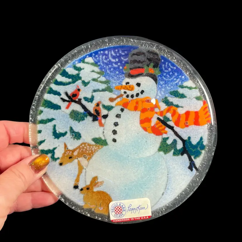 Peggy Karr Snowman Fused Glass Holiday Plate Signed | 5.5”