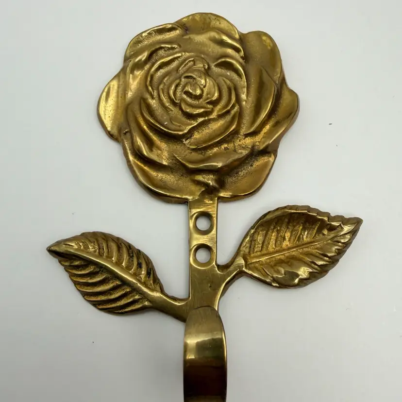 Solid Brass Rose Floral Wall Hook Towel, Coat, Keys 4.25” Long