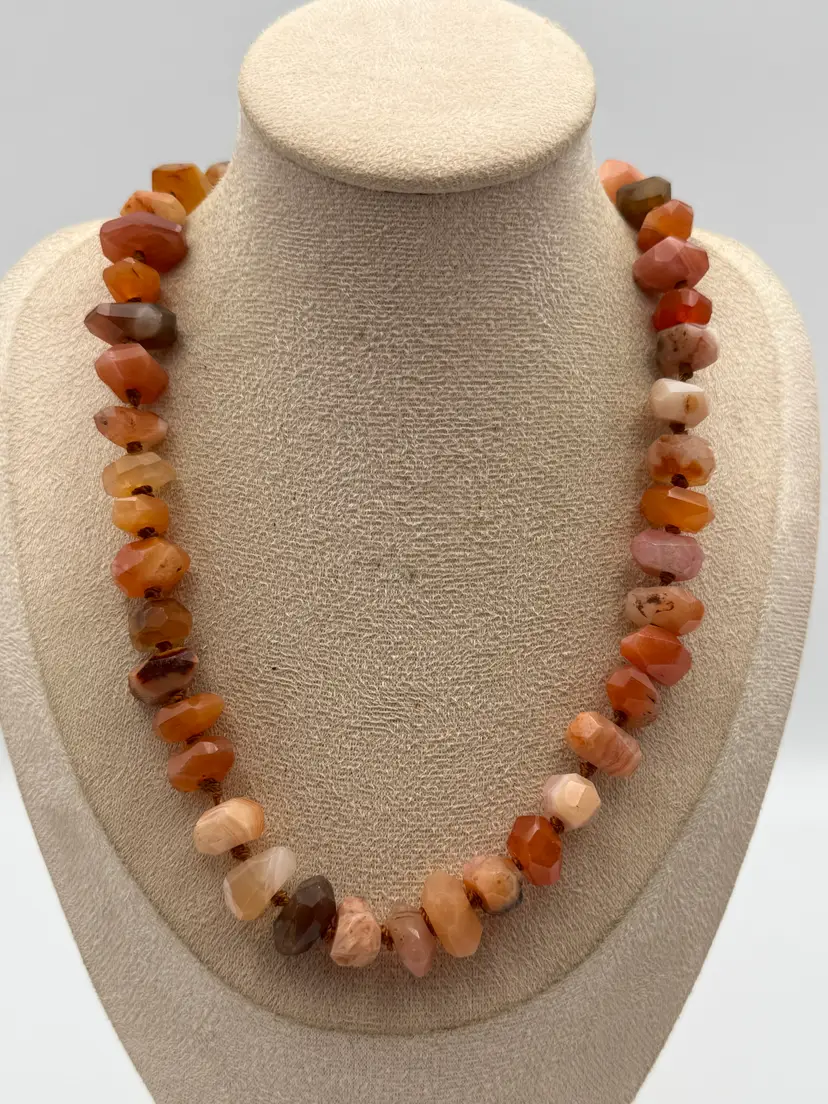 Chunky Bold Faceted Orange Botswana Agate Beaded Necklace Hand Knotted Nugget