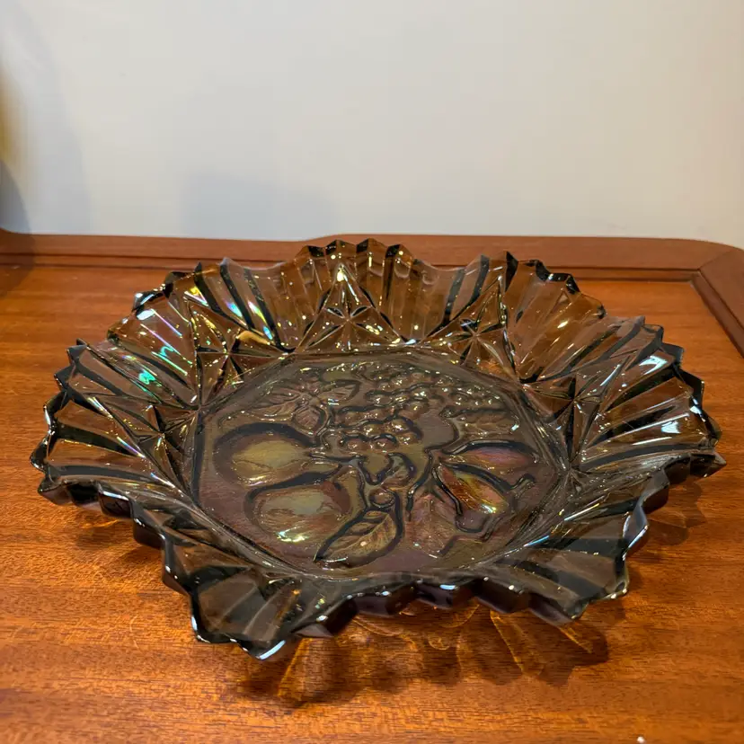 Smoke Carnival Glass Ruffled Fruit Bowl