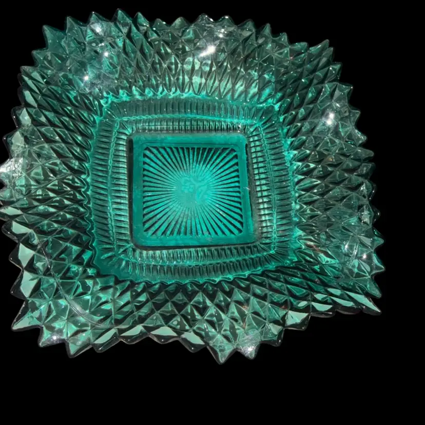 Blue-Green Square Glass Candy Dish – Diamond Pattern – 6½”
