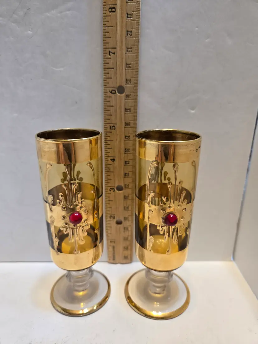 Vintage Pair Gold Luster Champagne Flutes with Red Jewel Cabochons