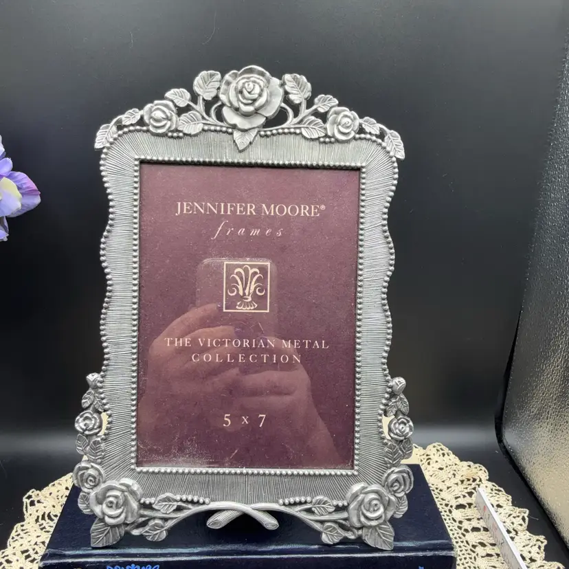 🐞Vtg  Jennifer Moore 5 X 7 Pewter Picture Frame Metal Roses Victorian Style