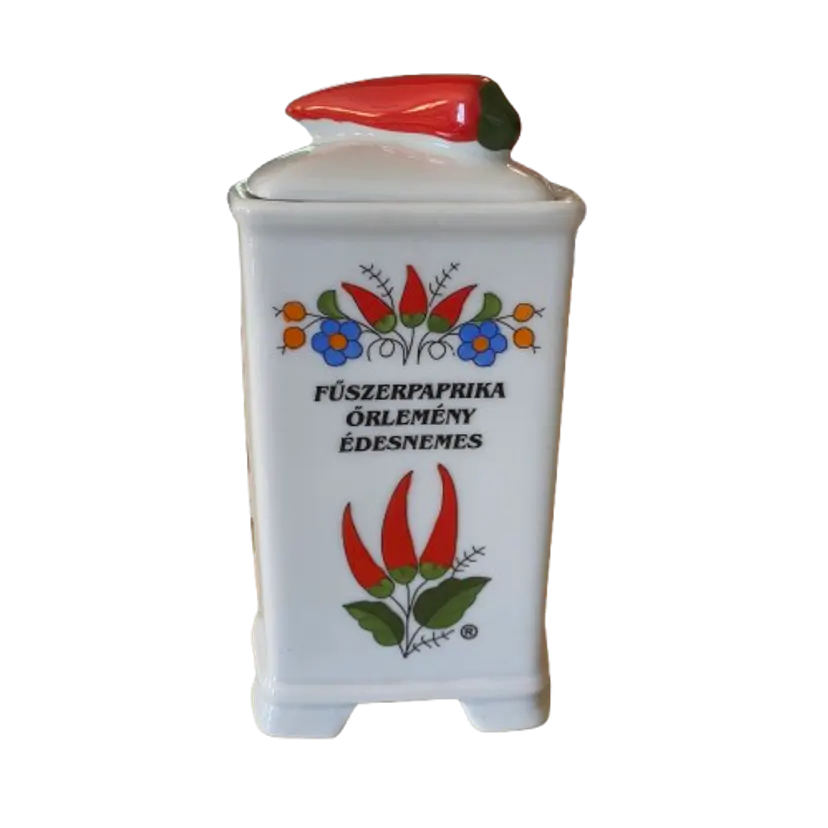 Vintage Kalocsa Ceramic Hungarian Paprika Spice Jar White with Red Pepper Lid 5”