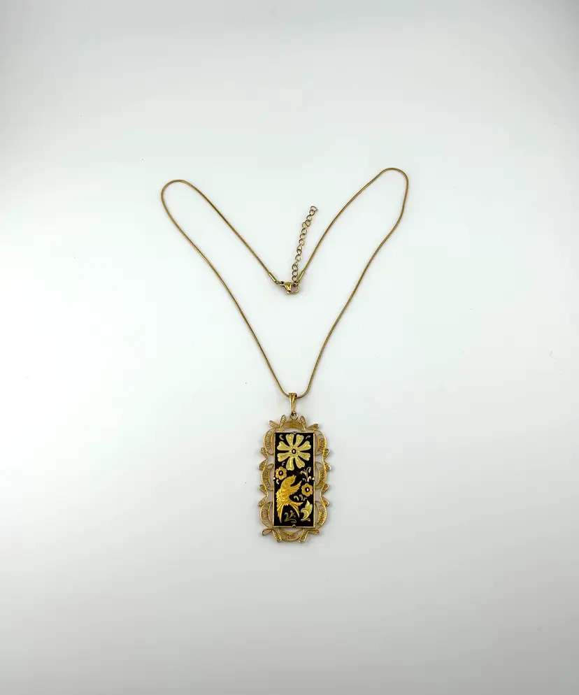Gold Tone Damascene Bird Pendant on Gold Tone Chain 17”