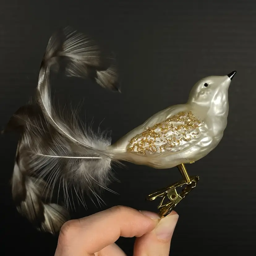 Mercury Blown Glass Christmas Tree Clip On Ornament Bird w Feathers & Glitter 5"