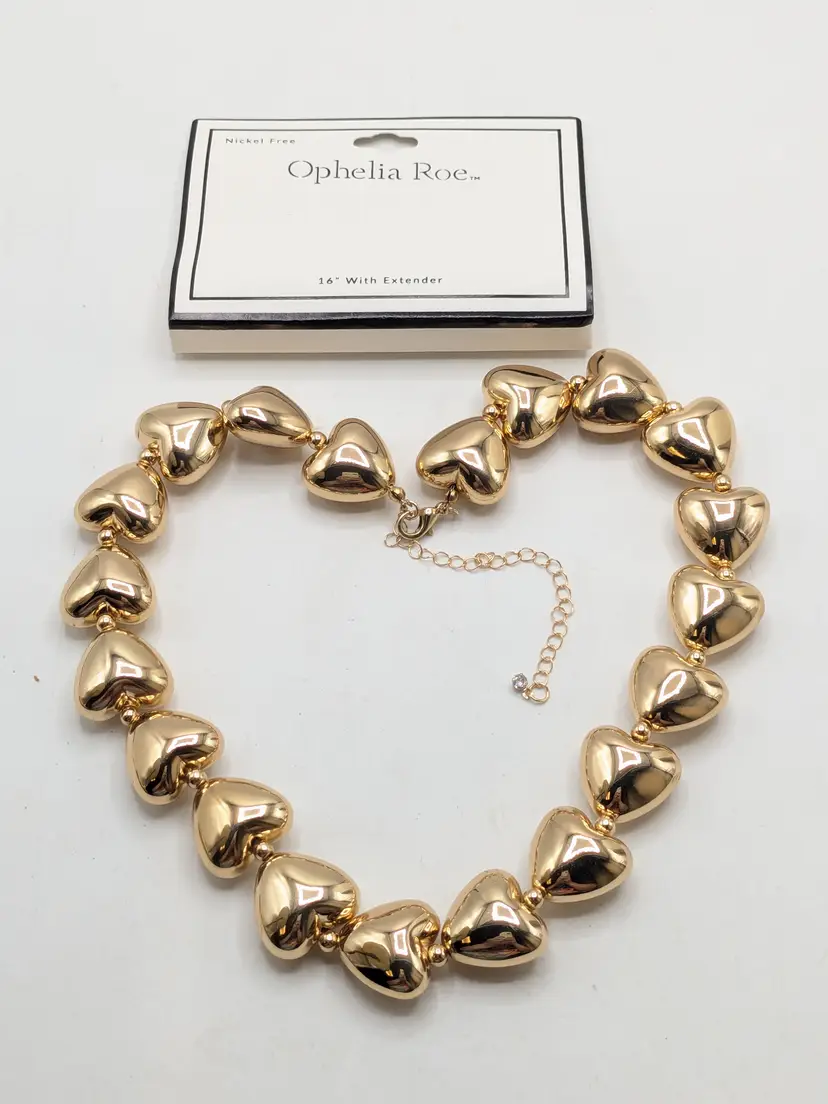 Ophelia Roe Gold Tone Puffy Heart Necklace NWT