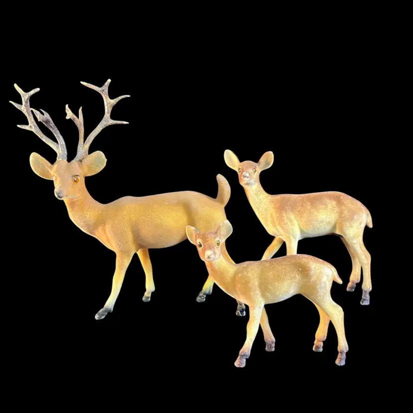 Vintage Mid-Century Flocked Deer Family Figurines-Set of 3-Buck, Doe & Fawn