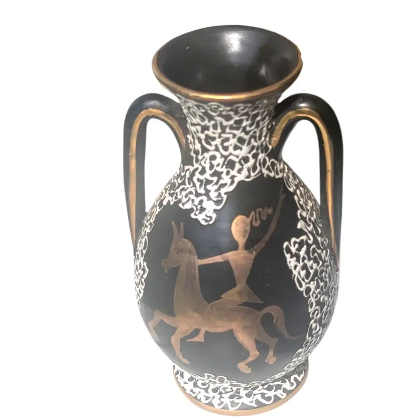 Vtg Italian Deruta Pottery Amphora Vase Naric MCM Black Gold White Urn #64