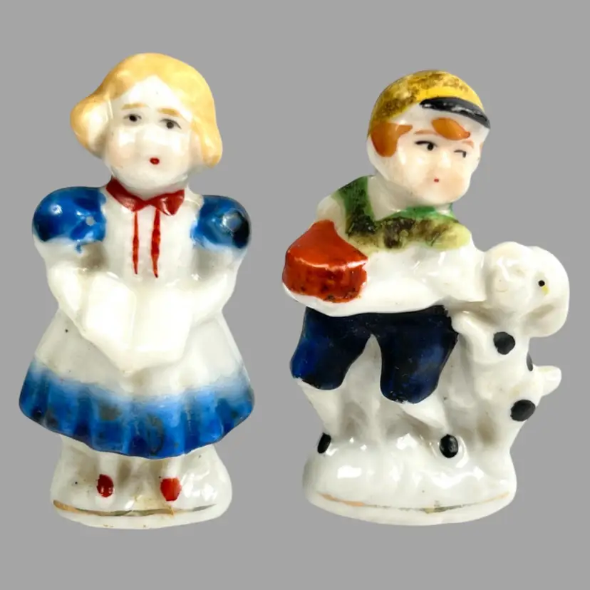 Pair Miniature Children: Girl Reading or Singing, Boy w Cake & Begging Dog. Porcelain. Made In Occupied Japan.