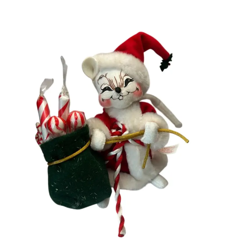 ANNALEE Christmas Mouse 2005 Santa With Green Bag Of Goodies @7x6