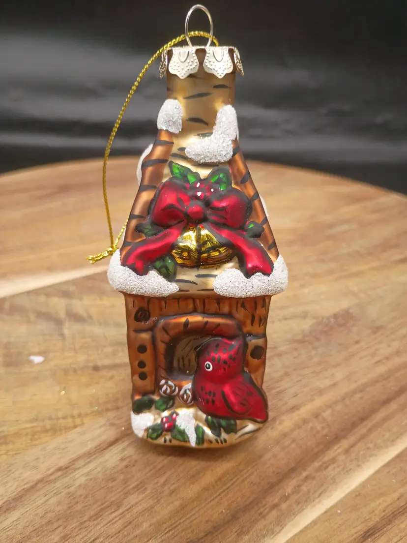 Kurt Adler Blown Glass Bird House with Cardinal Christmas Ornament .