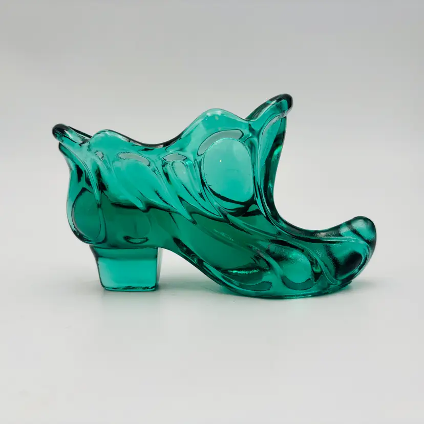 Vintage Fenton Art Glass Victorian Forest Green Slipper Shoe Boot