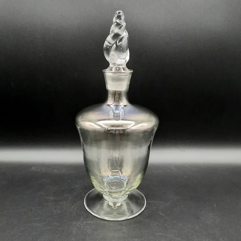 Iridescent Smoky Gray Green Decanter Bottle with Twisted Stopper