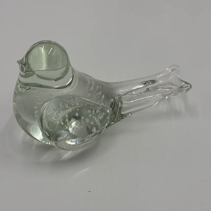 Clear Art Glass Hand Blown Controlled Bubbles Bird Paperweight Figurine