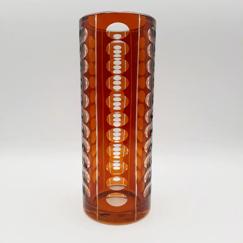 Vintage Bohemian Crystal Amber Cut to Clear Art Deco Geometric Cylinder Vase