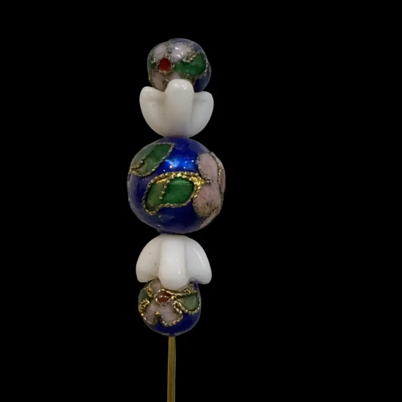 Blue Cloisonné And Milk Glass Flower Beads Hat Pin 6” Gold Pin