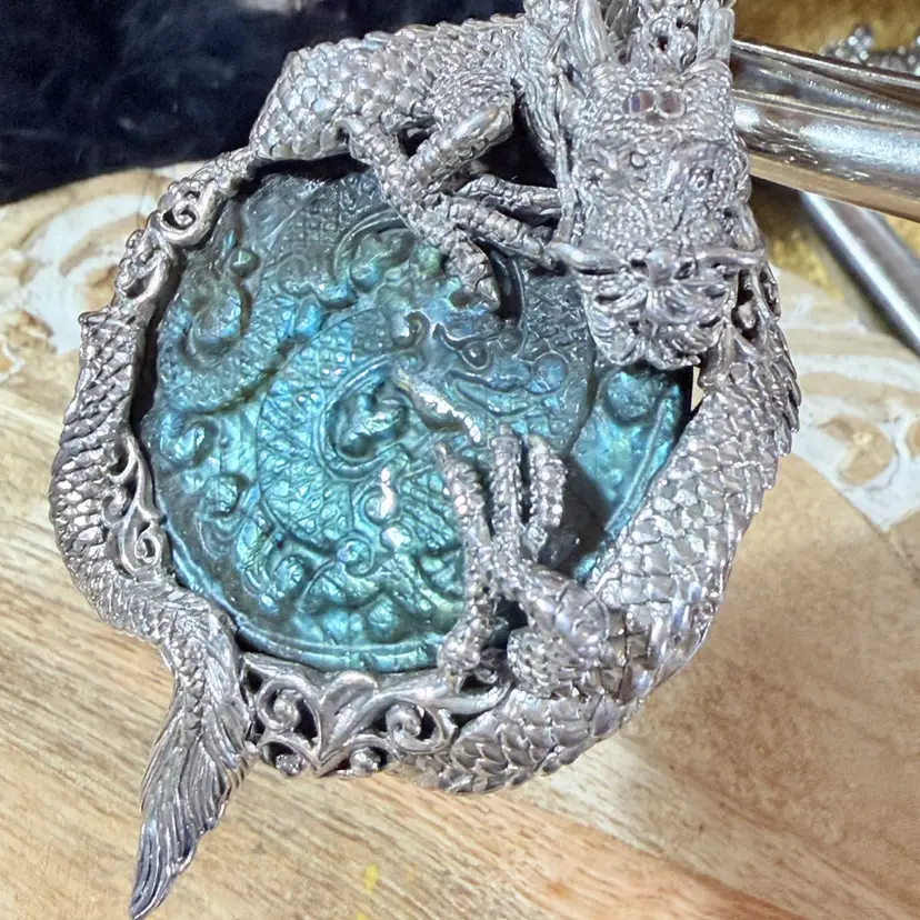 Large 3.5” SARDA 925 Sterling Green Labradorite “Tame The dragon Within The Pendant” Designed by Janyce McGrath.