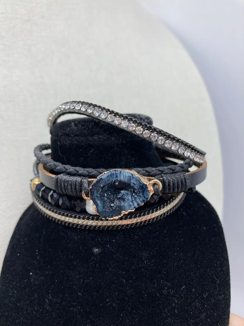 Black Leather Bracelet: Boho Gold-Tone Multi-Row Magnetic Clasp