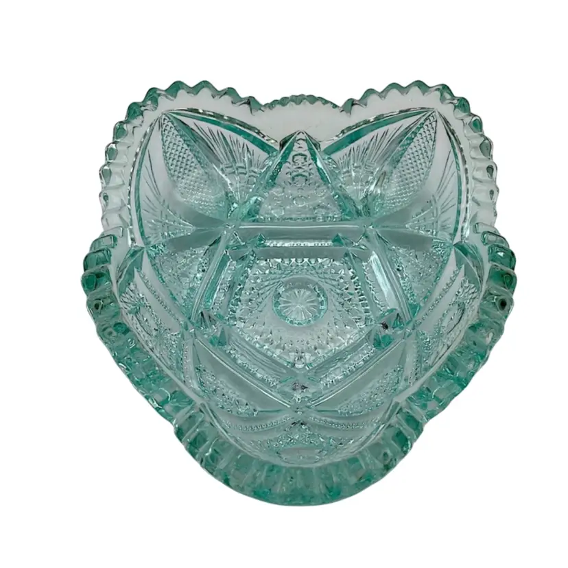 EAPG, Imperial Pattern 212 Star & Fan, Teal Green,  Heart Shaped Crystal Dish w/ Sawtooth Rim
