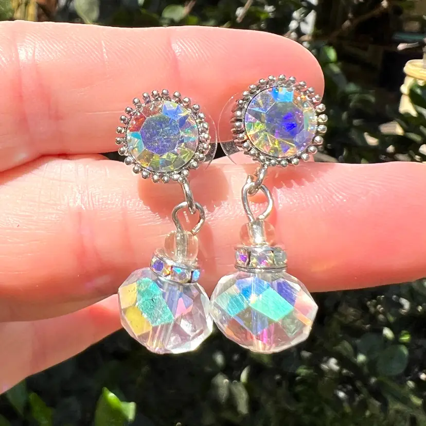 Aurora Borealis (AB) Crystal Pierced Earrings. Silver-tone Metal. 1-1/4” Length.