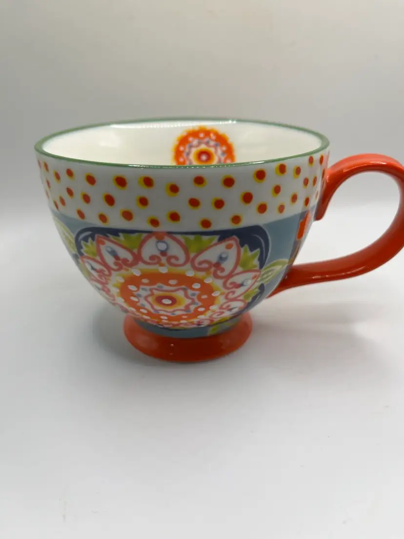 Potter's Studio Footed Mug Mosaic Mandala Design Orange Blue Floral