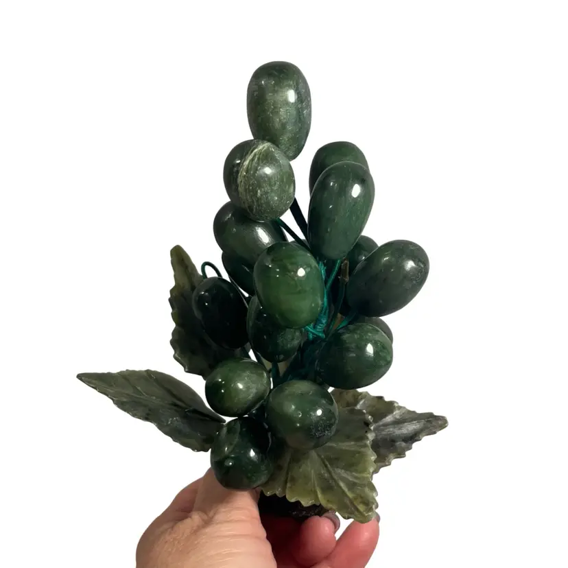 MCM Carved Natural Jade Grapes Cluster Carved Soapstone Leaves | 6”