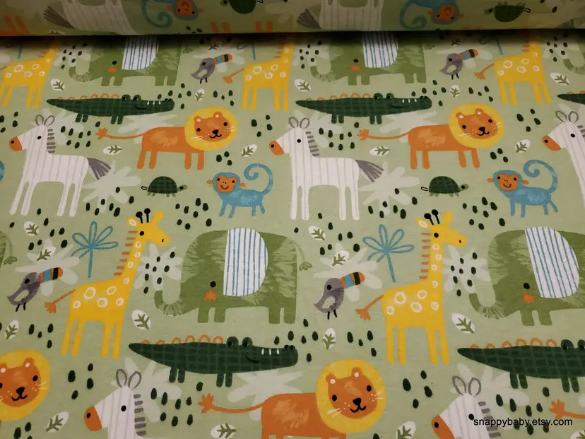 Sweet Jungle Animals Green Flannel Fabric Remnant - 100% Cotton - Choose Size - Soft Craft & Quilting Fabric