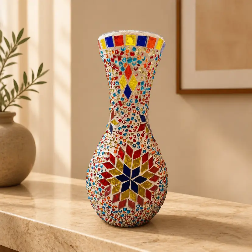 Handmade Turkish Moroccan Mosaic Glass Vase & Lamp w/ Multicolor Star Pattern