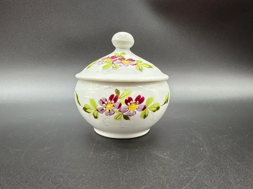 Hand Painted Porcelain Floral Lidded Trinket Box Purple Flowers